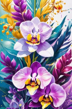 Charming orchids in yellow and purple tones with lush green leaves, positioned against deep starry backdrop, perfect for floral-themed designs and elegant nature-inspired projects