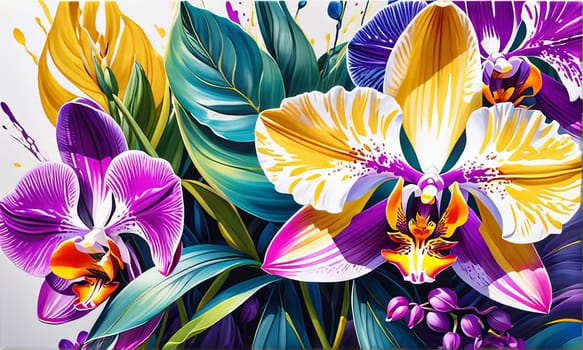 Elegant yellow and purple orchids with delicate petals and rich green leaves, set against dark starry background, creating stunning visual for nature lovers and floral art enthusiasts