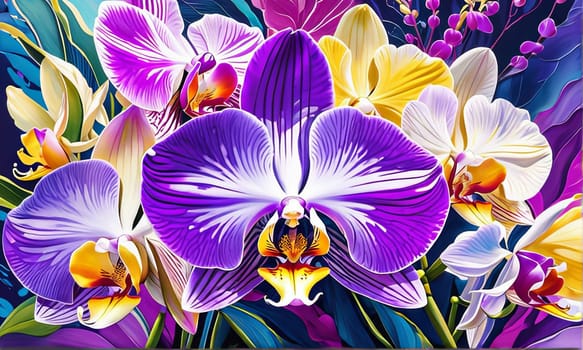 Elegant yellow and purple orchids with delicate petals and rich green leaves, set against dark starry background, creating stunning visual for nature lovers and floral art enthusiasts