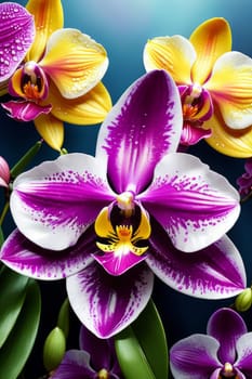 Elegant yellow and purple orchids with delicate petals and rich green leaves, set against dark starry background, creating stunning visual for nature lovers and floral art enthusiasts