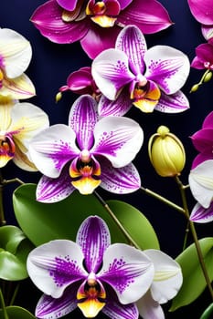 Elegant yellow and purple orchids with delicate petals and rich green leaves, set against dark starry background, creating stunning visual for nature lovers and floral art enthusiasts