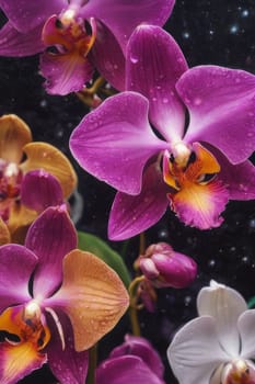 Elegant yellow and purple orchids with delicate petals and rich green leaves, set against dark starry background, creating stunning visual for nature lovers and floral art enthusiasts