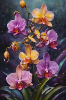 Elegant yellow and purple orchids with delicate petals and rich green leaves, set against dark starry background, creating stunning visual for nature lovers and floral art enthusiasts