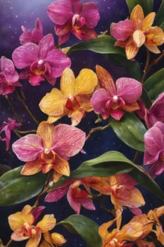 Elegant yellow and purple orchids with delicate petals and rich green leaves, set against dark starry background, creating stunning visual for nature lovers and floral art enthusiasts