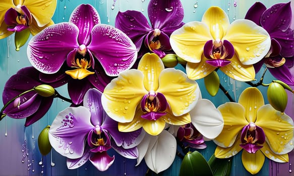 Elegant yellow and purple orchids with delicate petals and rich green leaves, set against dark starry background, creating stunning visual for nature lovers and floral art enthusiasts