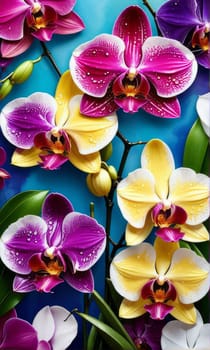 Elegant yellow and purple orchids with delicate petals and rich green leaves, set against dark starry background, creating stunning visual for nature lovers and floral art enthusiasts