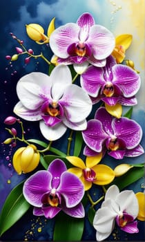 Elegant yellow and purple orchids with delicate petals and rich green leaves, set against dark starry background, creating stunning visual for nature lovers and floral art enthusiasts