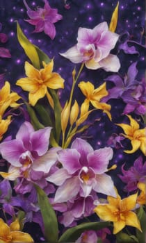 Elegant yellow and purple orchids with delicate petals and rich green leaves, set against dark starry background, creating stunning visual for nature lovers and floral art enthusiasts