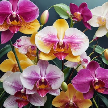 Elegant yellow and purple orchids with delicate petals and rich green leaves, set against dark starry background, creating stunning visual for nature lovers and floral art enthusiasts