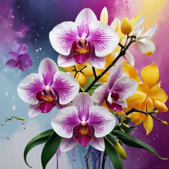 Elegant yellow and purple orchids with delicate petals and rich green leaves, set against dark starry background, creating stunning visual for nature lovers and floral art enthusiasts