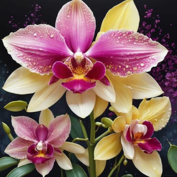 Elegant yellow and purple orchids with delicate petals and rich green leaves, set against dark starry background, creating stunning visual for nature lovers and floral art enthusiasts