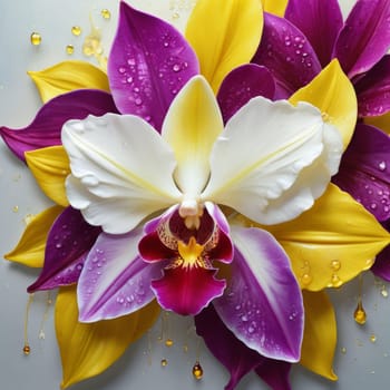 Elegant yellow and purple orchids with delicate petals and rich green leaves, set against dark starry background, creating stunning visual for nature lovers and floral art enthusiasts