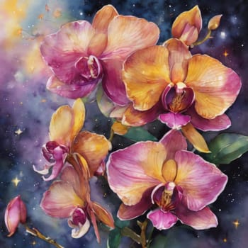 Vibrant yellow and purple orchids with lush green leaves, on deep starry backdrop, offering beautiful floral composition ideal for enhancing elegance in design projects