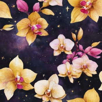 Vibrant yellow and purple orchids with lush green leaves, on deep starry backdrop, offering beautiful floral composition ideal for enhancing elegance in design projects