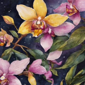 Vibrant yellow and purple orchids with lush green leaves, on deep starry backdrop, offering beautiful floral composition ideal for enhancing elegance in design projects