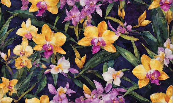 Vibrant yellow and purple orchids with lush green leaves, on deep starry backdrop, offering beautiful floral composition ideal for enhancing elegance in design projects