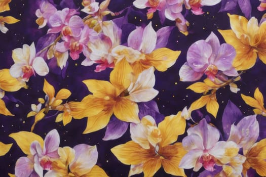 Vibrant yellow and purple orchids with lush green leaves, on deep starry backdrop, offering beautiful floral composition ideal for enhancing elegance in design projects