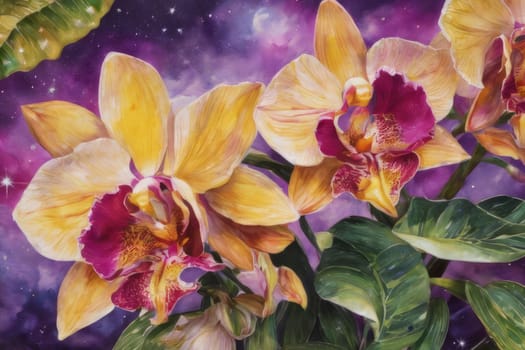 Vibrant yellow and purple orchids with lush green leaves, on deep starry backdrop, offering beautiful floral composition ideal for enhancing elegance in design projects