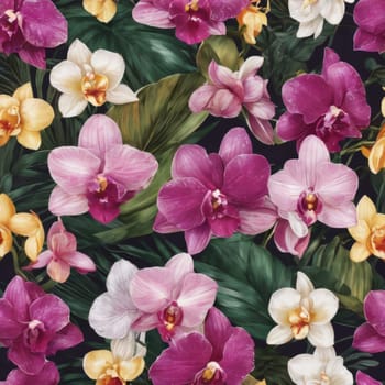 Intricate yellow and purple orchids with vivid green leaves, on dark starry background, creating perfect blend of elegance and natural beauty for floral art and designs