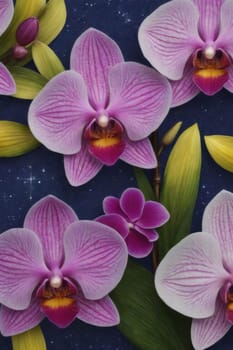 Intricate yellow and purple orchids with vivid green leaves, on dark starry background, creating perfect blend of elegance and natural beauty for floral art and designs