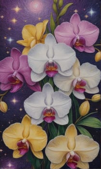 Stunning floral arrangement of yellow and purple orchids, with lush green leaves on deep starry canvas, perfect for inspiring creativity and elegance in nature-themed projects