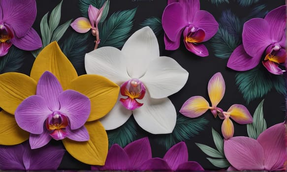 Stunning floral arrangement of yellow and purple orchids, with lush green leaves on deep starry canvas, perfect for inspiring creativity and elegance in nature-themed projects