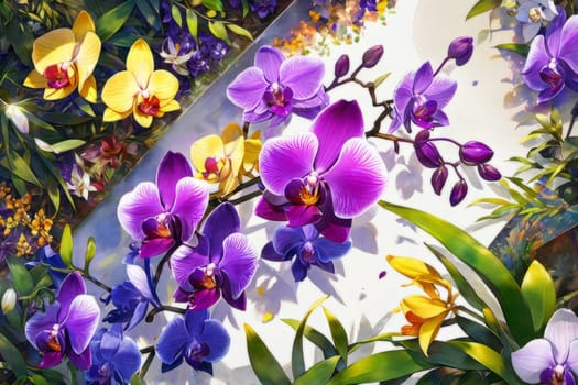 Stunning floral arrangement of yellow and purple orchids, with lush green leaves on deep starry canvas, perfect for inspiring creativity and elegance in nature-themed projects