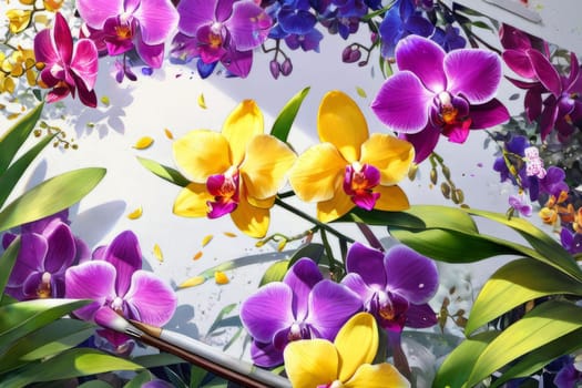 Stunning floral arrangement of yellow and purple orchids, with lush green leaves on deep starry canvas, perfect for inspiring creativity and elegance in nature-themed projects