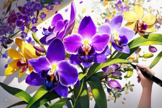 Stunning floral arrangement of yellow and purple orchids, with lush green leaves on deep starry canvas, perfect for inspiring creativity and elegance in nature-themed projects