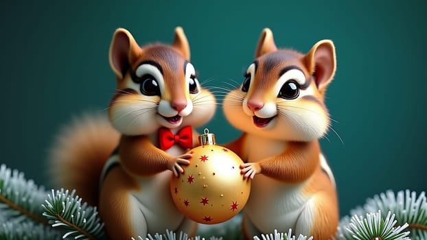 Cute squirrels holding a Christmas ball