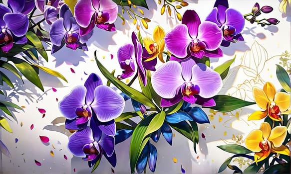 Stunning floral arrangement of yellow and purple orchids, with lush green leaves on deep starry canvas, perfect for inspiring creativity and elegance in nature-themed projects