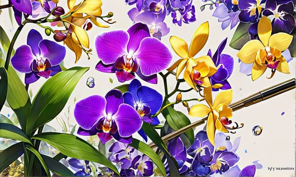 Stunning floral arrangement of yellow and purple orchids, with lush green leaves on deep starry canvas, perfect for inspiring creativity and elegance in nature-themed projects
