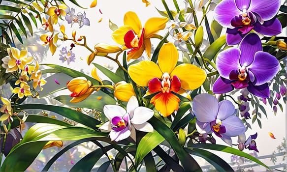 Exquisite yellow and purple orchids with vibrant green leaves, set against dark starry background, ideal for adding touch of elegance and natures beauty to design projects