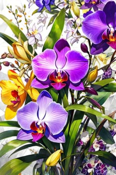 Exquisite yellow and purple orchids with vibrant green leaves, set against dark starry background, ideal for adding touch of elegance and natures beauty to design projects