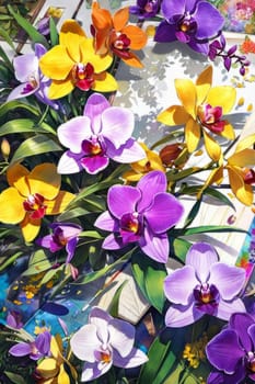 Exquisite yellow and purple orchids with vibrant green leaves, set against dark starry background, ideal for adding touch of elegance and natures beauty to design projects