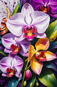 Exquisite yellow and purple orchids with vibrant green leaves, set against dark starry background, ideal for adding touch of elegance and natures beauty to design projects