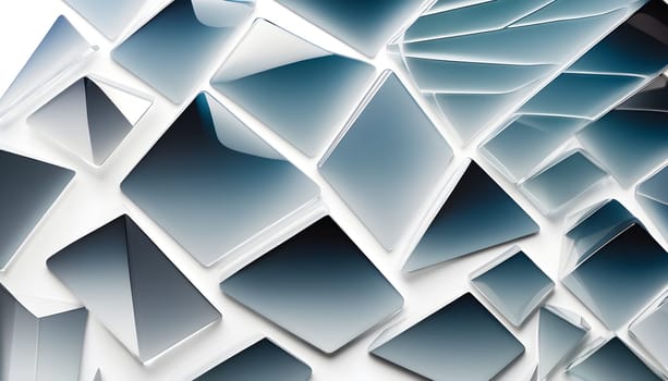 Abstract shapes made of reflective glass, floating on a clean white background, creating a modern and minimalistic aesthetic.