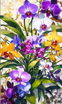 Exquisite yellow and purple orchids with vibrant green leaves, set against dark starry background, ideal for adding touch of elegance and natures beauty to design projects