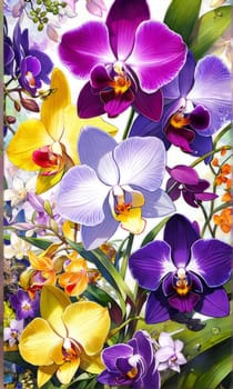 Exquisite yellow and purple orchids with vibrant green leaves, set against dark starry background, ideal for adding touch of elegance and natures beauty to design projects