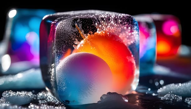A detailed close-up of bubbles trapped in a frozen ice cube, illuminated by colorful lighting, creating a vibrant, abstract effect.