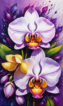 Exquisite yellow and purple orchids with vibrant green leaves, set against dark starry background, ideal for adding touch of elegance and natures beauty to design projects
