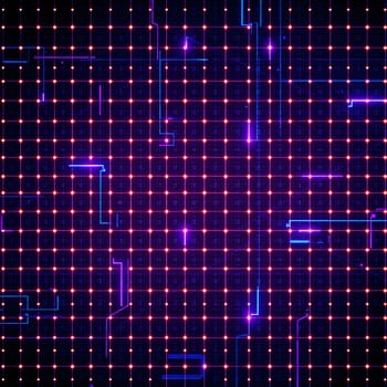 A futuristic digital grid illuminated with neon blue and purple lights on a dark backdrop, creating a striking cyber aesthetic.