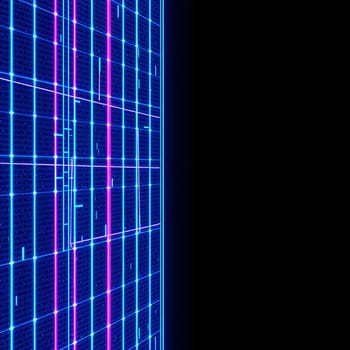 A futuristic digital grid illuminated with neon blue and purple lights on a dark backdrop, creating a striking cyber aesthetic.