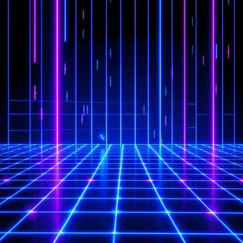 A futuristic digital grid illuminated with neon blue and purple lights on a dark backdrop, creating a striking cyber aesthetic.
