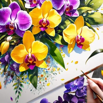Captivating yellow and purple orchids with lush green leaves, against deep starry backdrop, offering blend of elegance and natural beauty for floral-themed art and design