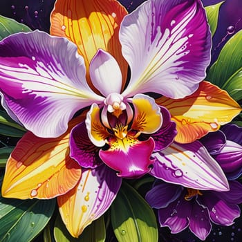 Captivating yellow and purple orchids with lush green leaves, against deep starry backdrop, offering blend of elegance and natural beauty for floral-themed art and design
