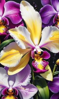 Captivating yellow and purple orchids with lush green leaves, against deep starry backdrop, offering blend of elegance and natural beauty for floral-themed art and design