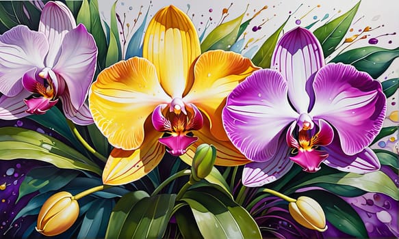 Captivating yellow and purple orchids with lush green leaves, against deep starry backdrop, offering blend of elegance and natural beauty for floral-themed art and design