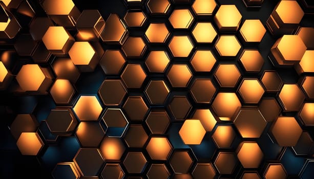 An abstract depiction of hexagonal lights, resembling futuristic technological patterns with a sleek, modern design.