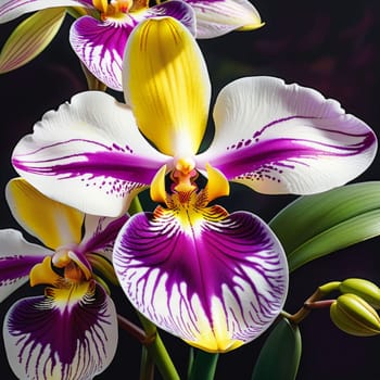 Captivating yellow and purple orchids with lush green leaves, against deep starry backdrop, offering blend of elegance and natural beauty for floral-themed art and design